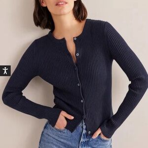 Boden Ribbed Detail Cardigan - Navy Blue Ribbed Button-Up Women's Sweater